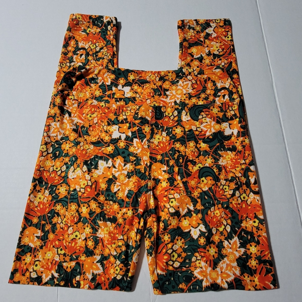💚 LuLaRoe OS Orange Tropical Floral Ankle Leggings - Picture 6 of 6